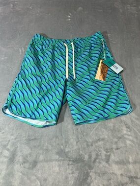 Fair Harbor Green & Blue Geometric Swim Trunks-NWT-Medium